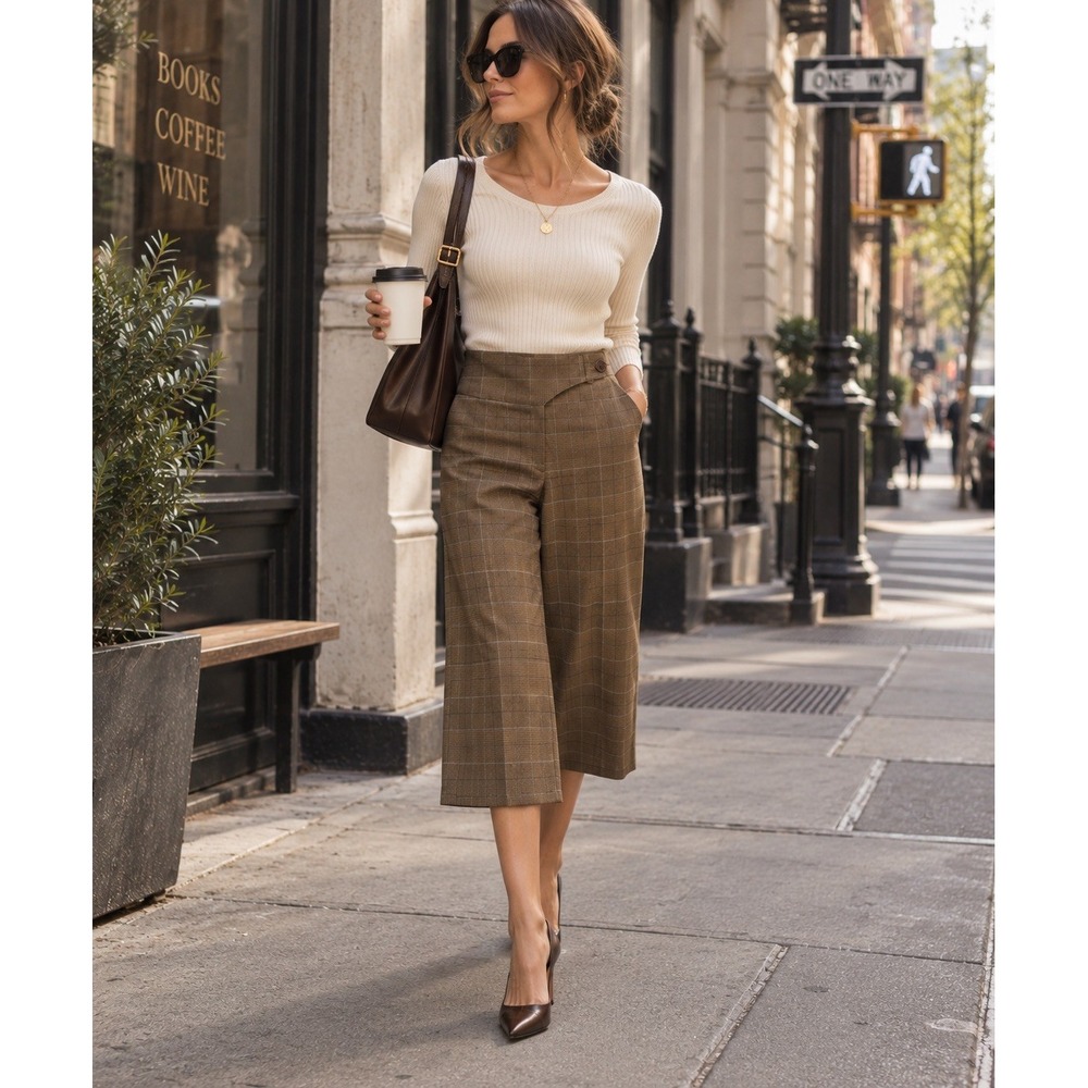David Paul Plaid Culottes Wide Leg Pants Womens Size 8 Brown Career Vintage USA
